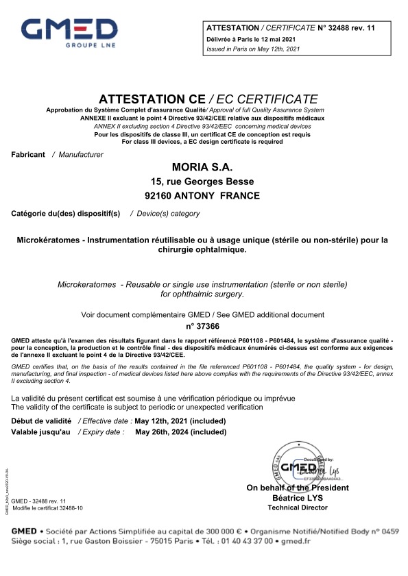 Moria-Certificat CE 32488 DM Classe IIa-Rev.11
