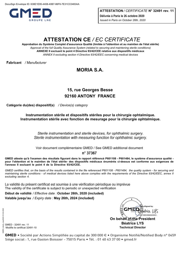 Moria-Certificate CE 32491 DM Class IIa-Rev.11