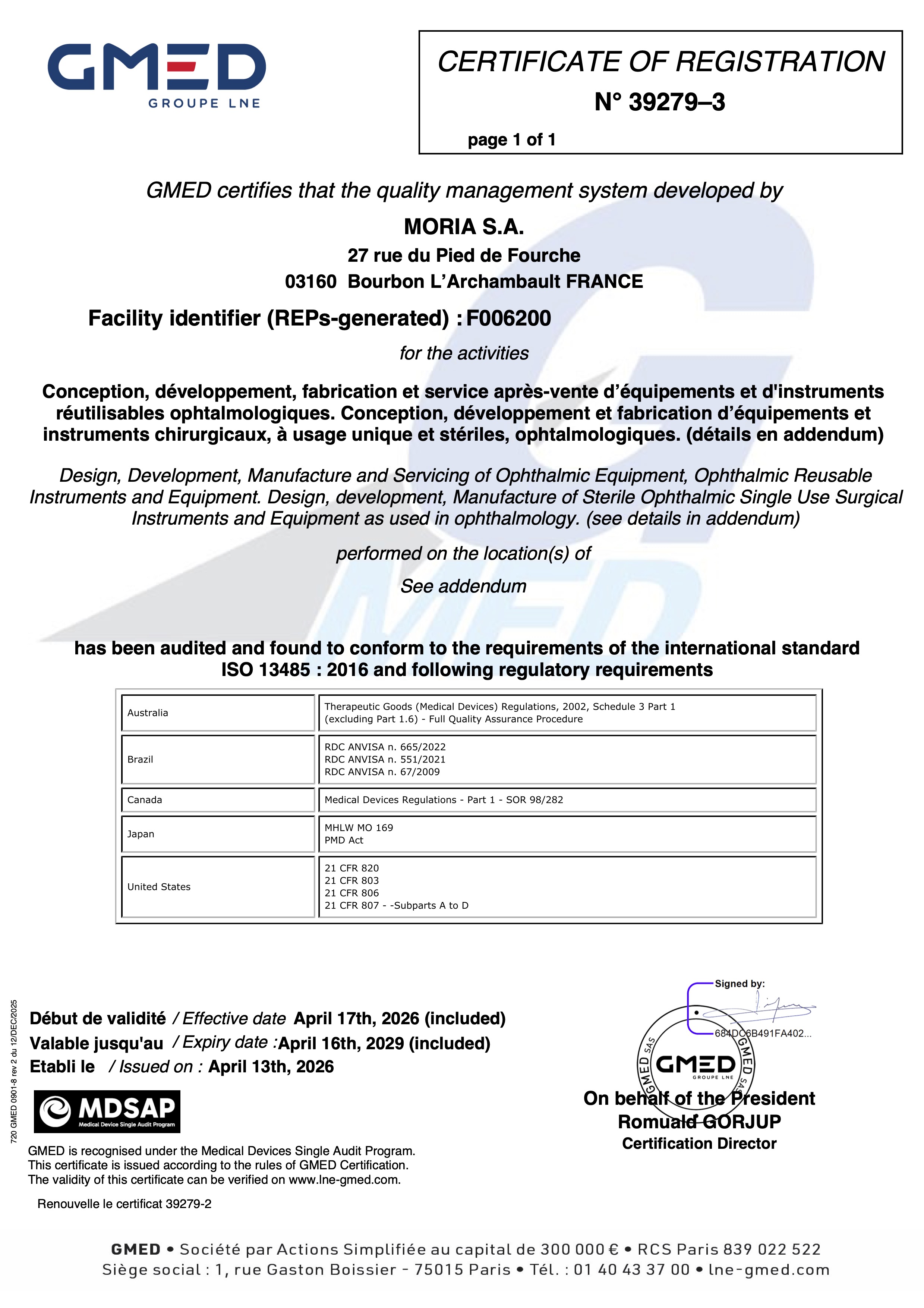 MDSAP Certificate - 39279-3